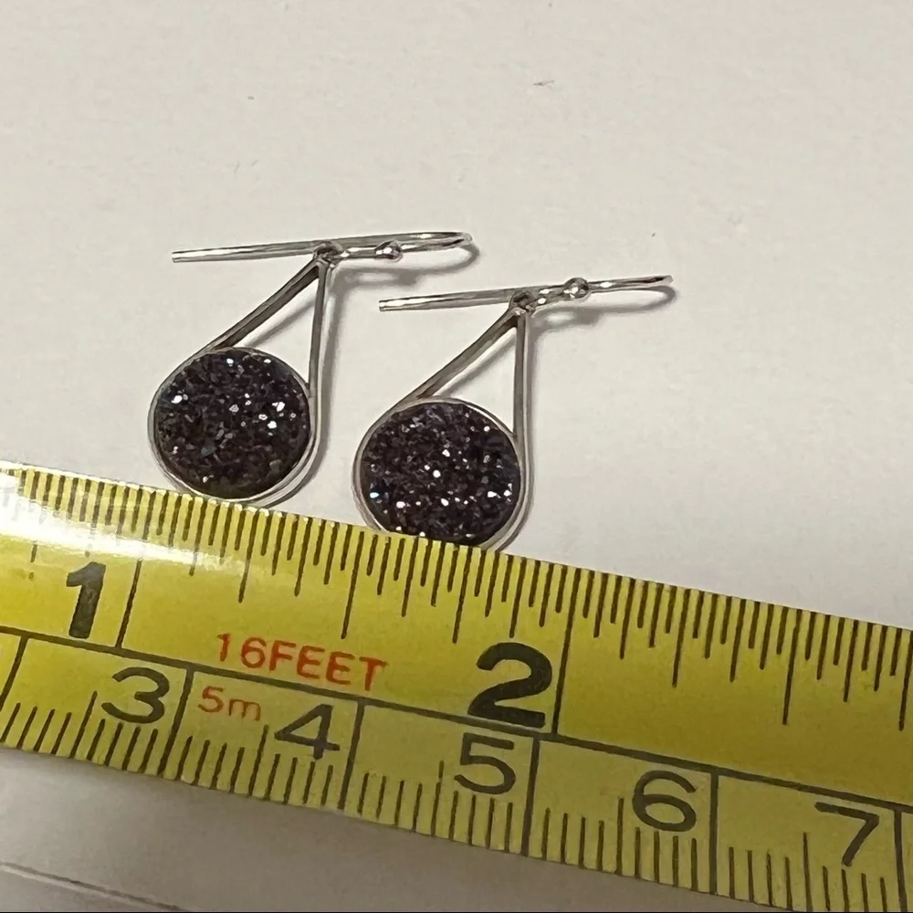Iridescent black druzy earrings set in sterling silver